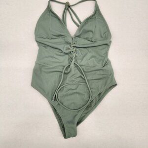 Trillium Green Ribbed Lace-Up One Piece bodysuit swim Criss Cross Straps Size S